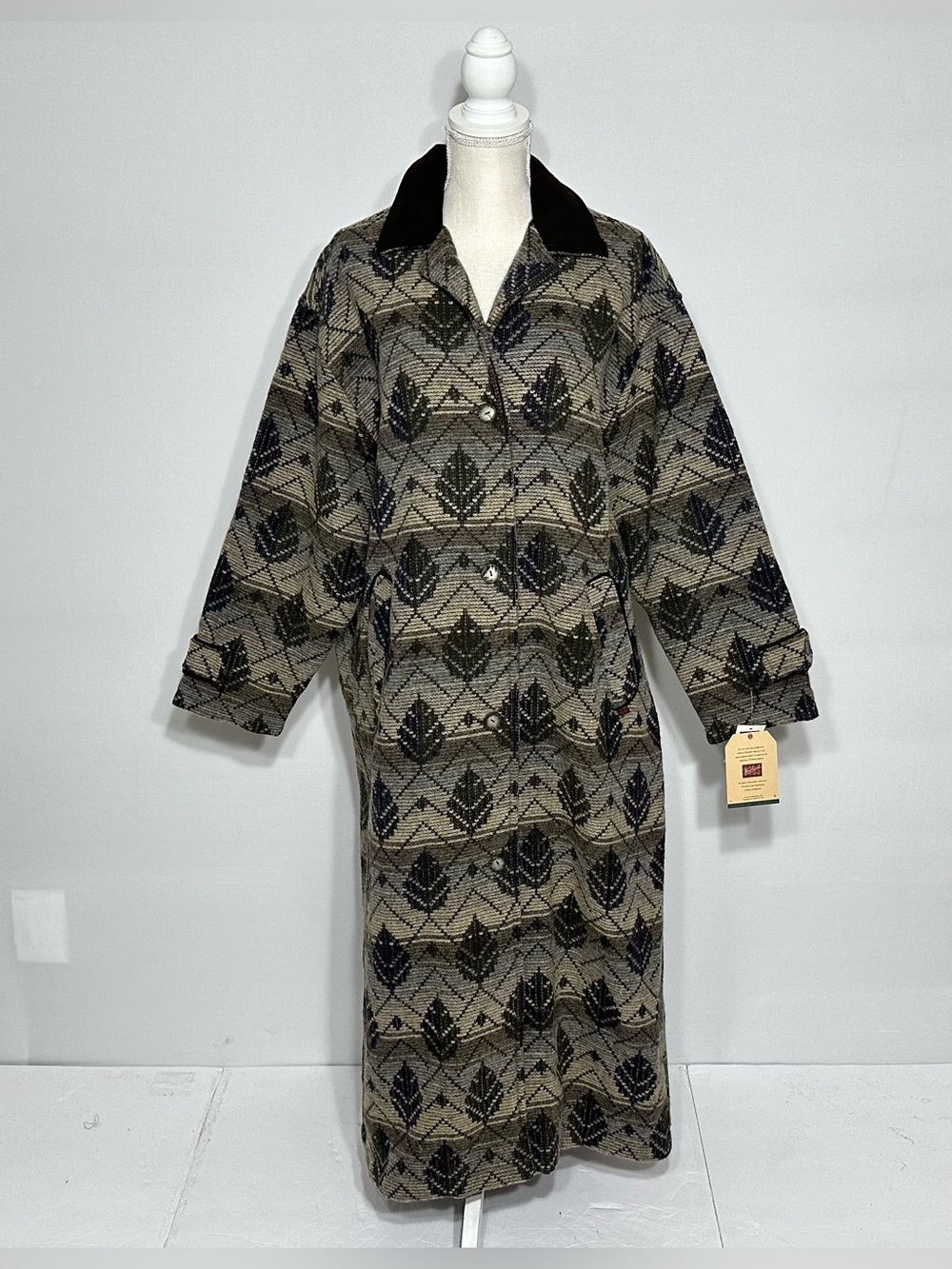 NWT! Vintage Woolrich Wool Leaf Motif Trench Coat Womens L Leather Collar Jacket